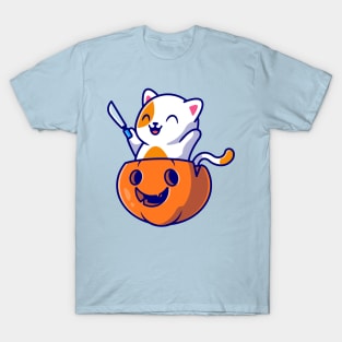 Cute Cat Holding Knife In Pumpkin Helloween Cartoon T-Shirt